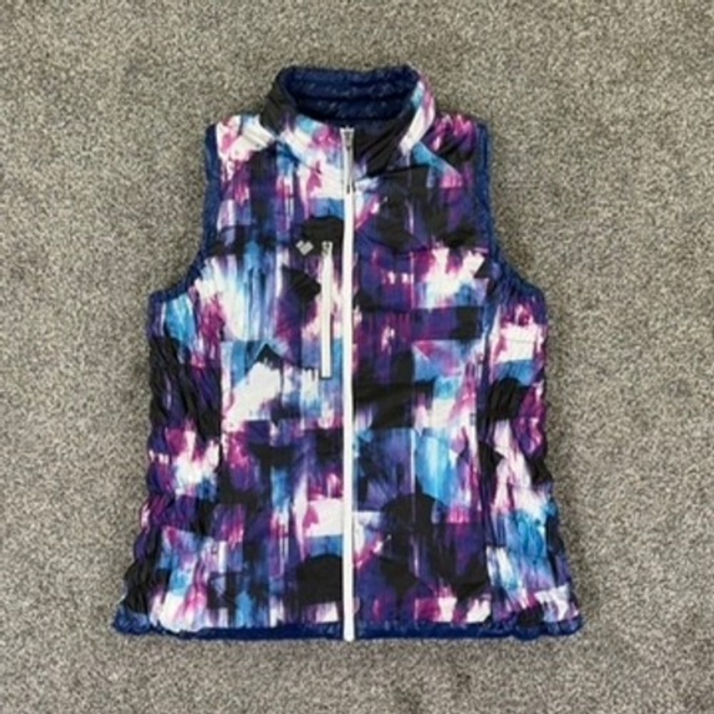 Obermeyer Reversible Down Vest Womens Large Blue Abstract Print Puffer Jacket